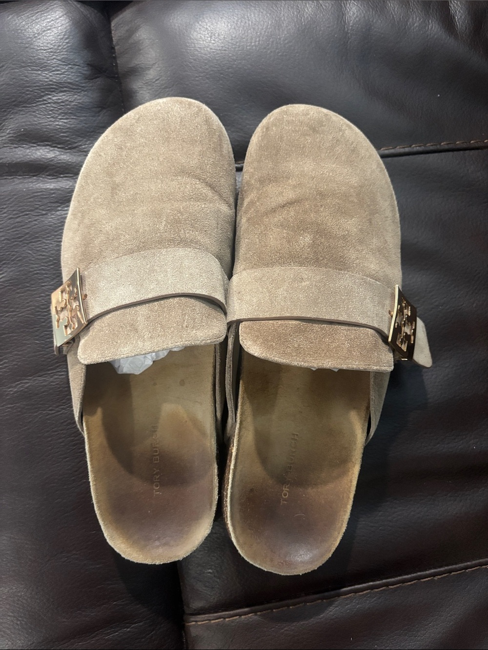 Tory Burch Taupe Suede Slide Mules with Gold Logo Accent - Picture 7 of 10